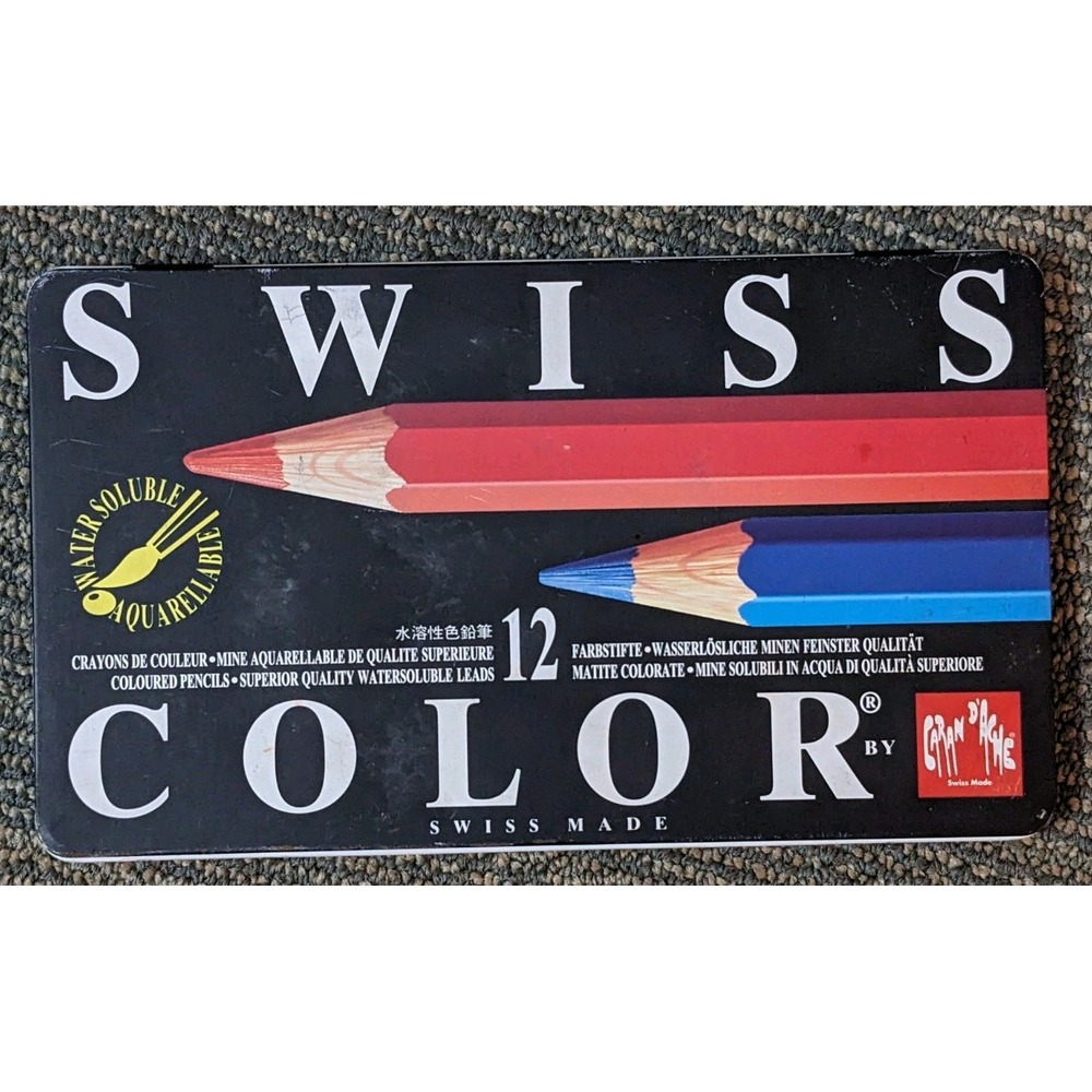 Caran d'Ache 12 Pack Swiss Color Water Soluble Pencils In Metal Tin Box READ